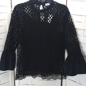 Neiman Marcus Lace Crochet, Scalloped, Satin Bell 3/4 Sleeves Blouse